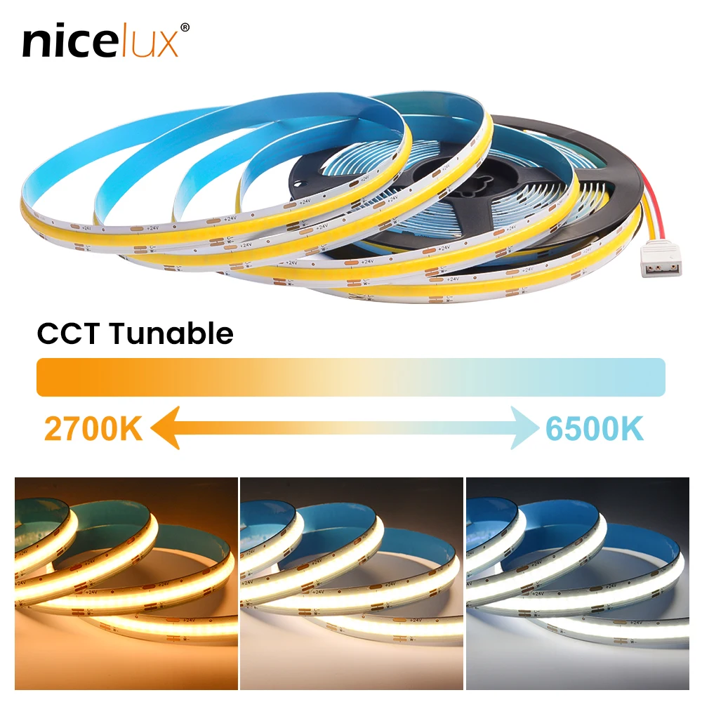 

DC24V COB CCT LED Light Strip 608 LEDs 10mm 5M High Density Flexible Led Lights RA90 Warm White with White Linear Dimmable