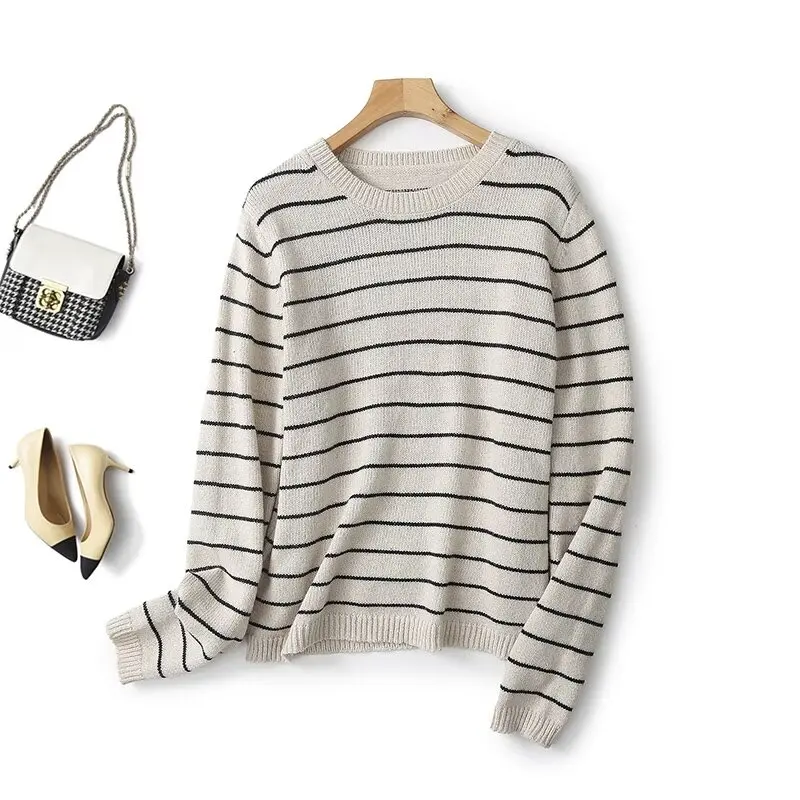 

Женский свитер в полоску, повседневный Универсальный свитер в стиле ретро с длинным рукавом и круглым вырезом, зима 2023