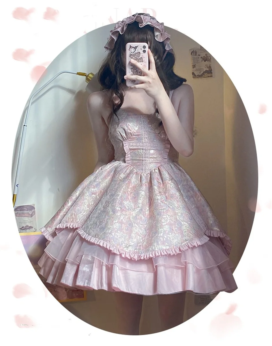 Französisch Süße Romantische Jsk Lolita Cosplay Nette Mädchen Dark Muster Jacquard Spitze Tunika Mesh Bogen Rüschen Backless Prinzessin Kleid