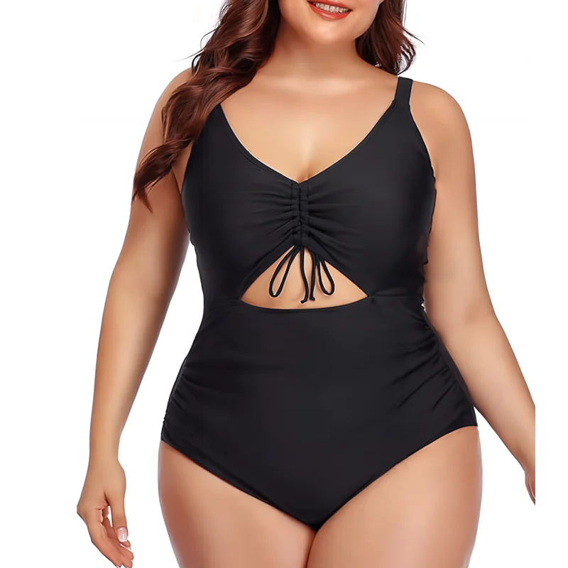 Monokini recortado decote V feminino, maiô tamanho grande, roupa de banho gordinha, controle de barriga, monokini sexy, verão, 1 peça, 2024