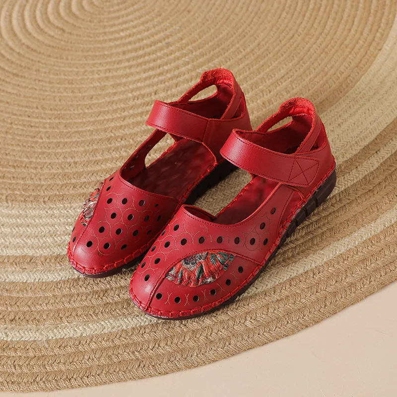 

Newest Women's Red Leather Closed Toe Sandals Floral Embroidered Summer Breathable Hollow Out Comfortable Non-Slip Walking Shoes