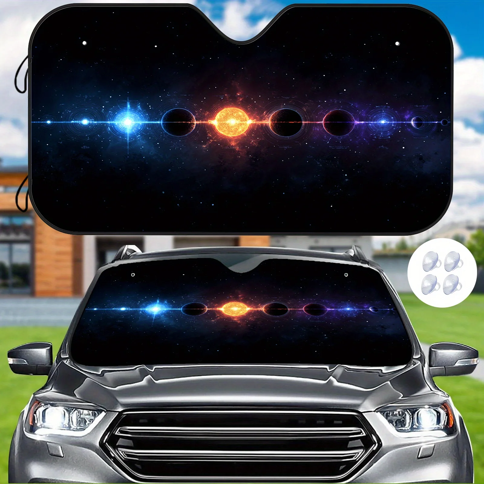

Interstellar Energy Trail Sun Visor, Heat Insulation And Cooling For The Car Interior, Comes With 4 Suction Cups, Displaying Cos