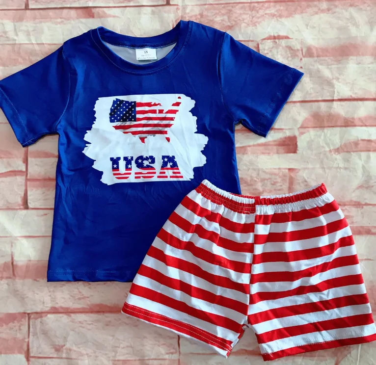 

Boys girls and babies boutique suits with short sleeves and shorts Complete clothing set with exquisite patriotic patterns