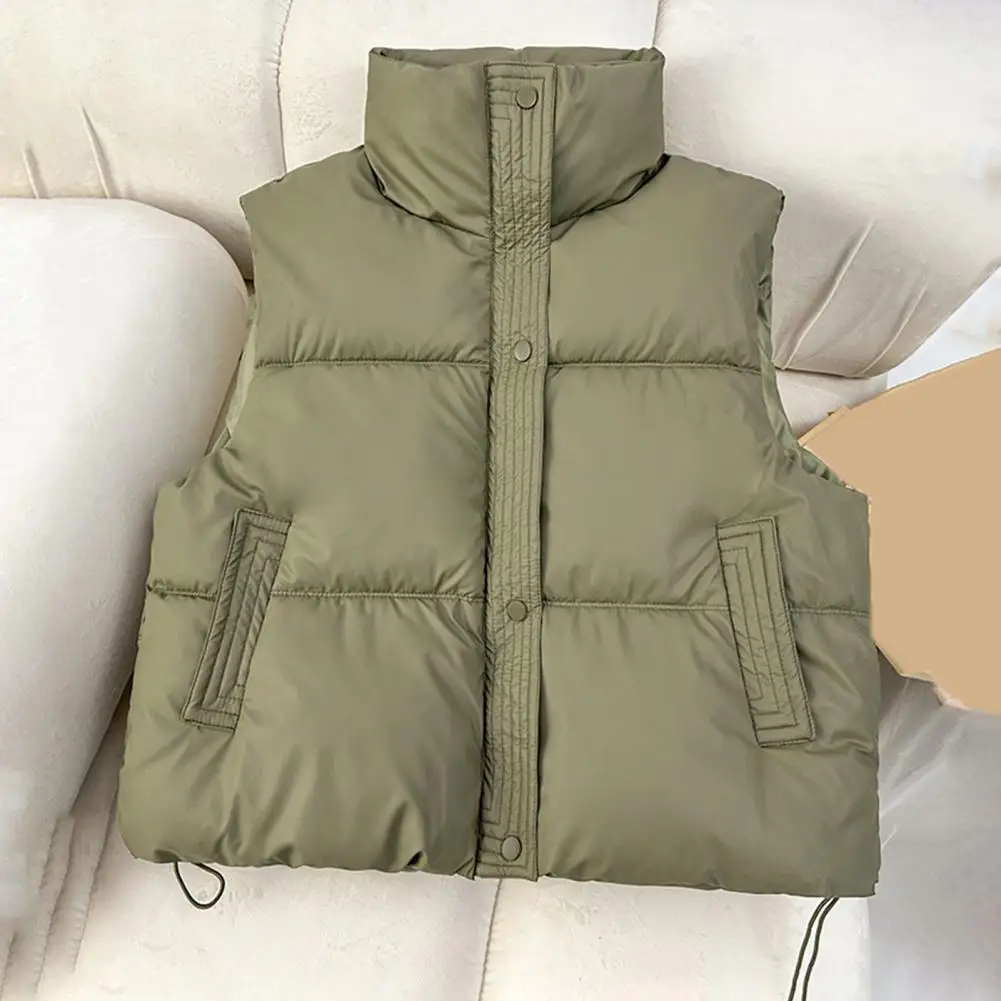 Solid Color Waistcoat Women's Winter Vest Coat with Stand-up Collar Zipper Closure Heat Retention Thickened Padded for Outdoor