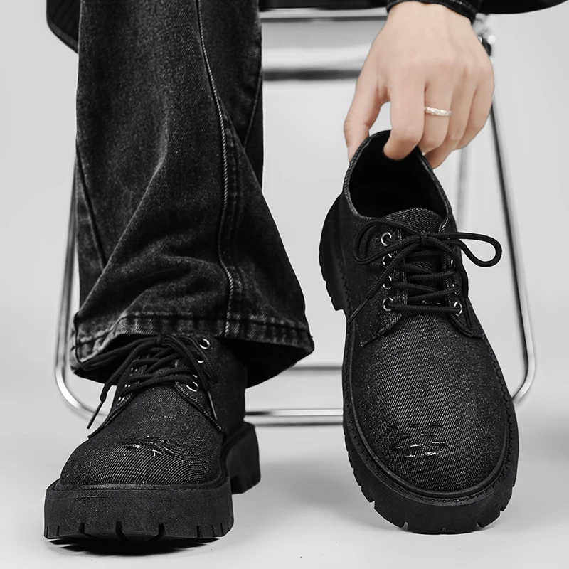 

Men's Work Shoes, Fashionable Canvas Flat Heels, Low Top, Round Toe, Big Head, Trendy Brand Design, High-quality Leather Shoes