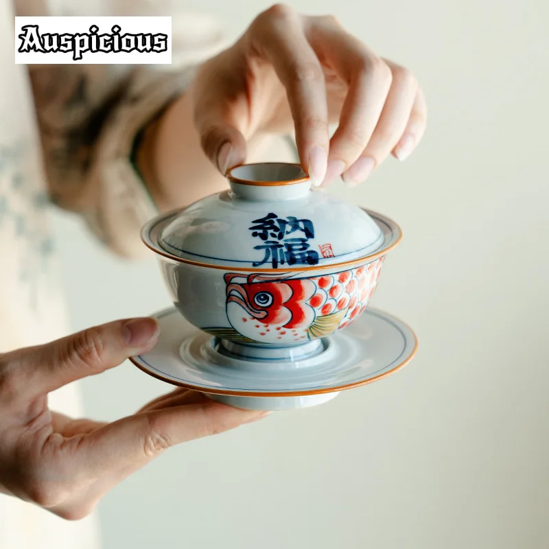 Pure Hand-painted Red Dragon Fish Tea Tureen Ceramic Nafu Blue and White High Foot Gaiwan Tea Maker Cover Bowl Ornaments 150ml