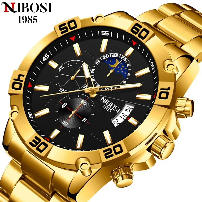 

NIBOSI 2024 Fashion Gold Watch Mens Watches Top Brand Luxury Clock Montre Homme Chronograph Quartz Watch Men Relogio Masculino