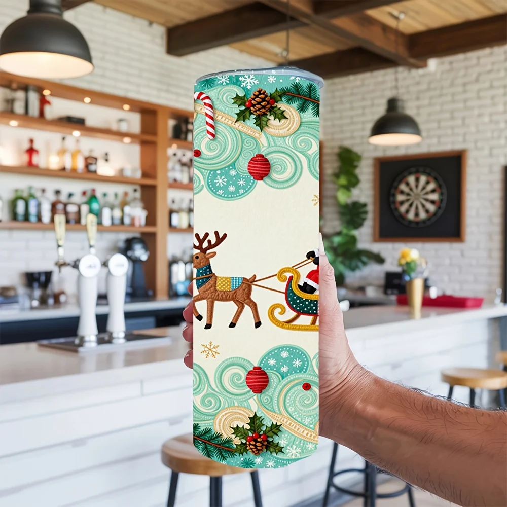1ps Halloween and Christmas 20oz Insulated Tumbler with Straw, Embroidered Style Christmas Santa Reindeer Sleigh Gift Candy Pattern Stainless Steel Water Cup for Daily Drinking, Home Office Travel Christmas Party Use