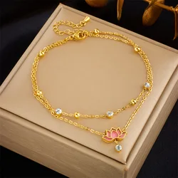 Not Fade Titanium Stainless Steel Lotus Pendant Anklet Beach Vacation Boho Yoga Inspired Stackable Jewelry for Women Party Gift