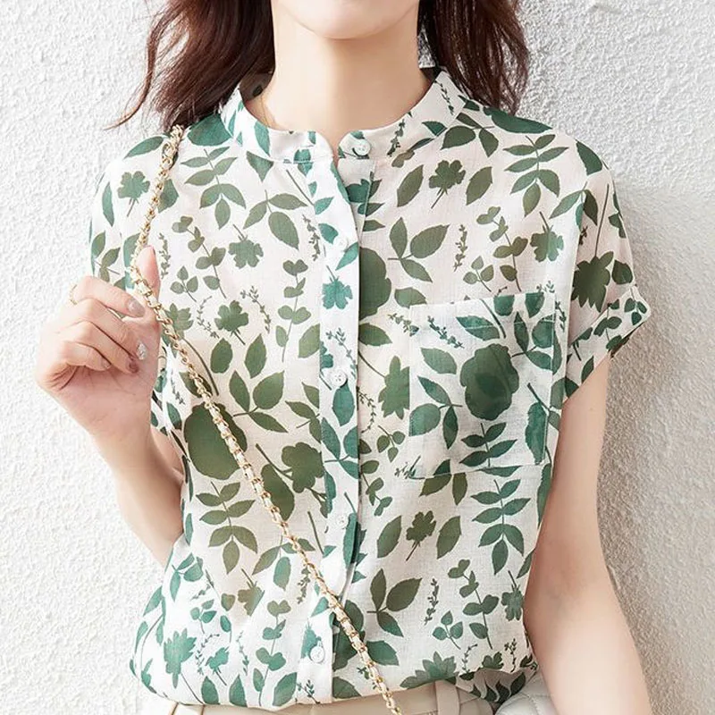 Elegant Fashion Round Neck Printed Blouse 2023 Women\'s Clothing Korean Casual Short Sleeve Lady Single-breasted Chiffon Shirt