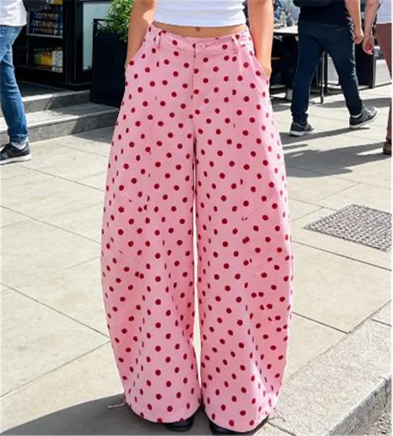 

Women Retro Polka Dot Print High Waist Barrel Leg Pants Drawstring Hem Wide Leg Trousers With Pockets Y2K Casual Streetwear