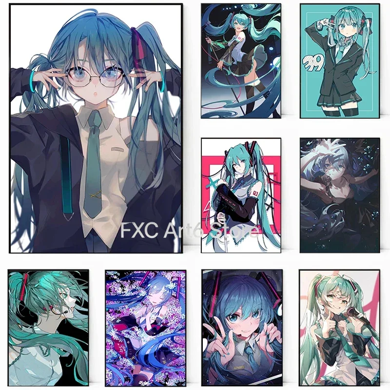 1 Uds. Póster de Anime Hatsune Miku sin marco, dibujo animado de chica hermosa, pintura en lienzo, póster, decoración de pared para el hogar