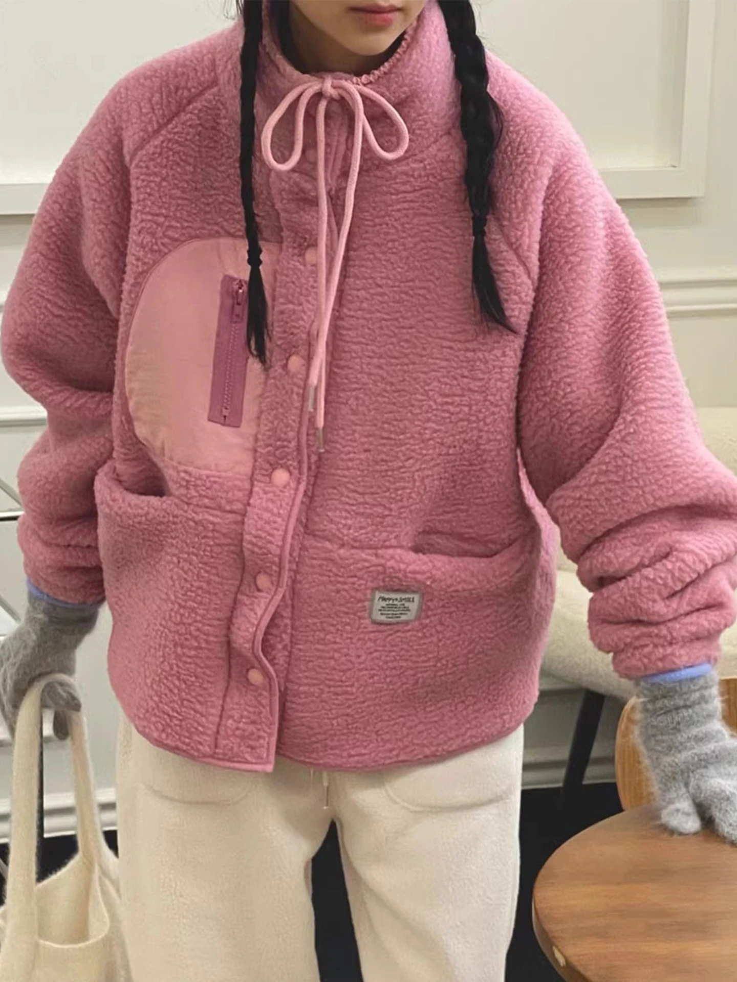 

Lamb Fur Jaet Women's Stand Collar Button Patchwork Winter New Sle Lazy Warm Cotton Top Long Sve Korean Version