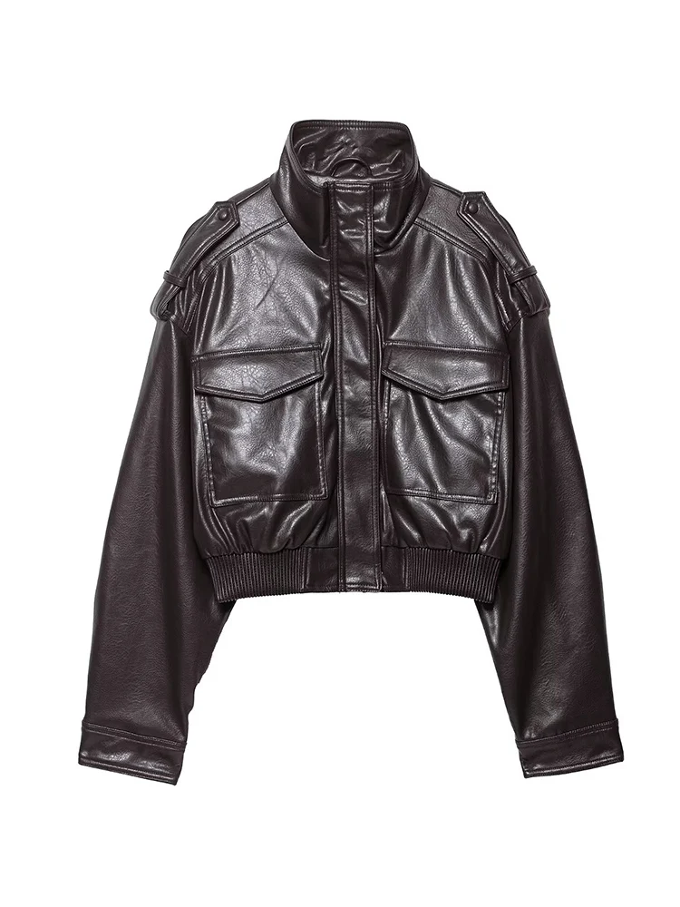 2025 feminino efeito de couro falso jaqueta curta vintage gola manga longa com alças bolsos casual streetwear