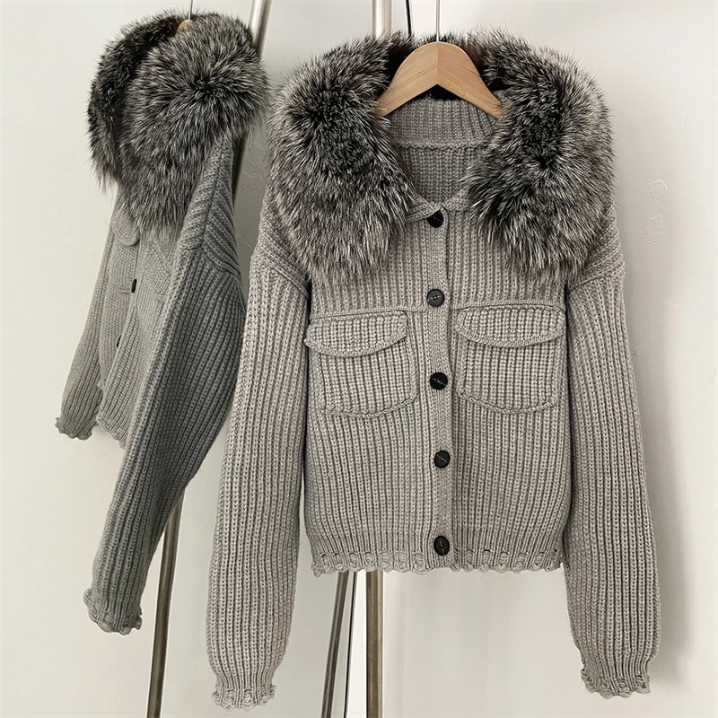 Cardigan tricoté côtelé avec col en vraie fourrure de renard pour femme, veste tricotée simple et décontractée de haute qualité, à la mode, nouvelle collection hiver