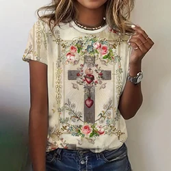 Pulôver de mangas curtas com decote em O feminino, camiseta vintage, padrão crucifixo, camiseta estampada, Tops retrô de Jesus, solto, casual, verão