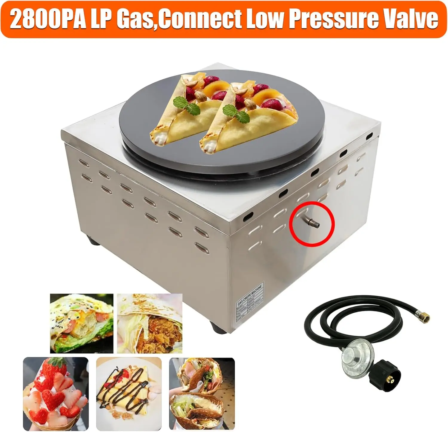 Commercial Gas Crepe Makers Machine LPG Gas Pancake Machine Griddle Maker Machine with Low Pressure Valve for Blintzes, Eggs