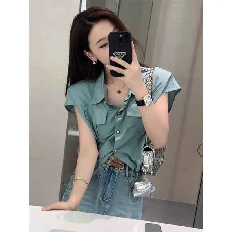 Summer New High Waist Polo Neck Slim Drawstring Women\'s Top Fashionable Western Drawstring Single Breasted Short Sleeved Shirt