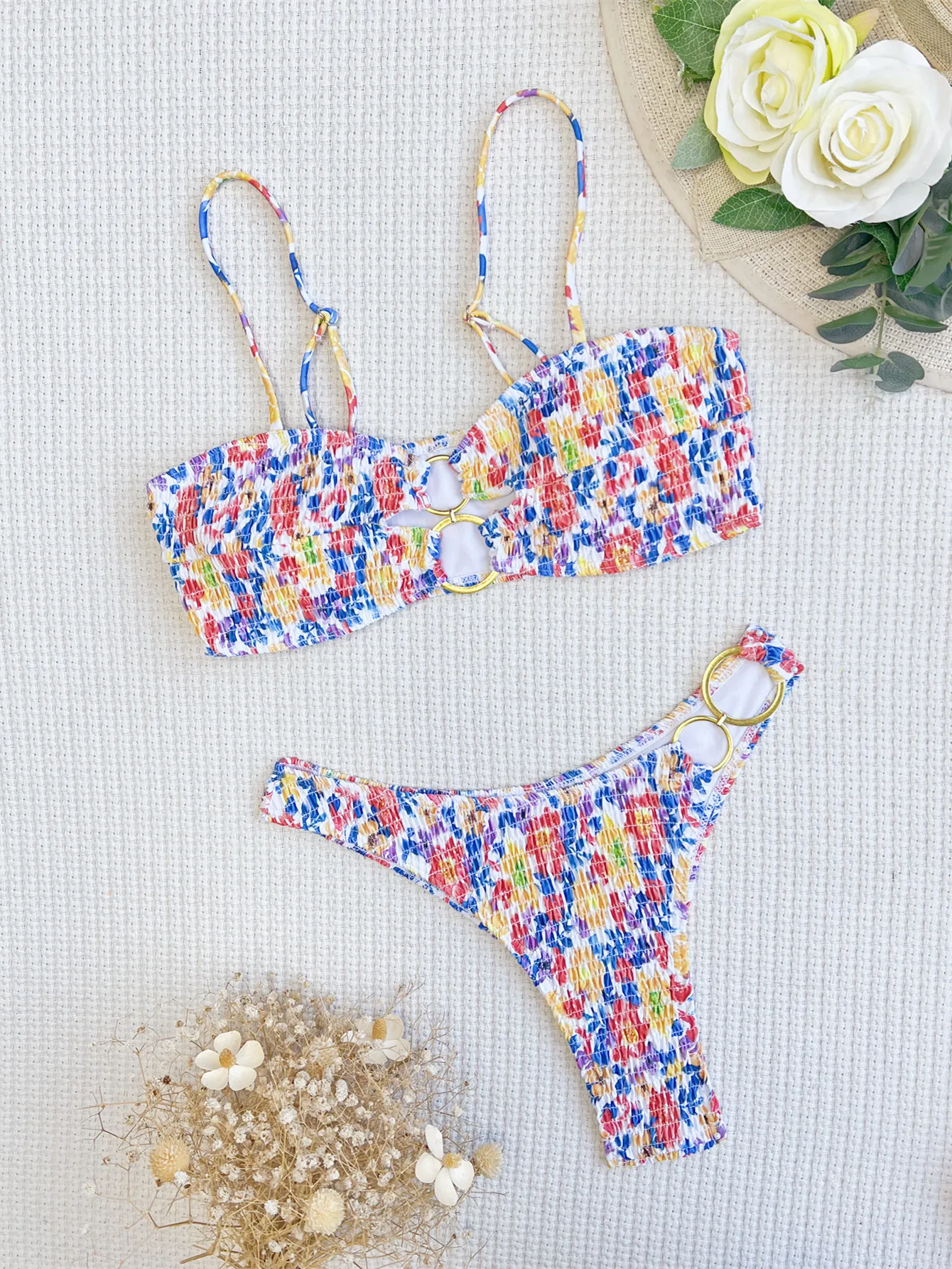 Swimming Suit Woman 2024 Women Bikini Floral Swimwear Backless Sexy Tie-Dye Tankini Two-Piece Hot Spring Swimsuit S-L