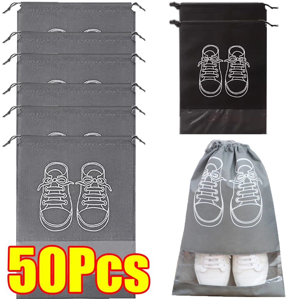 1-50 Peças Sacos Organizadores de Calçados Impermeáveis com Bolso, Sacos de Armazenamento de Roupas Classificados, Sacos de Poeira para Calçados em TNT à Prova de Umidade