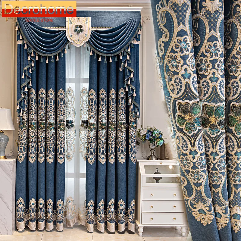 Blue European Embroidered Window Screen Chenille Hollowed Out Curtains for Living Room Bedroom French Window Customized Villa