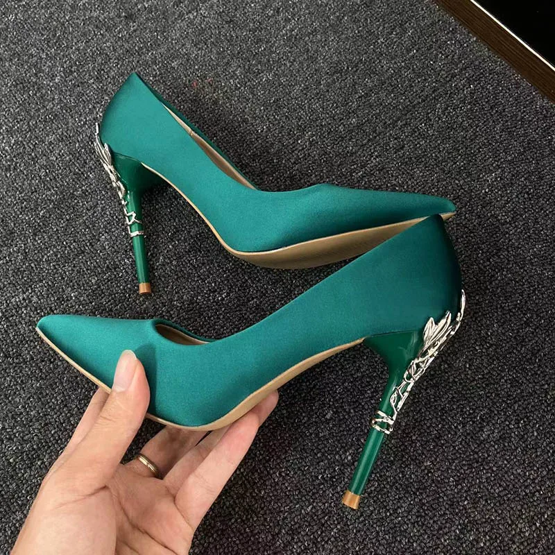 Woman 10cm High Heels Metal Heels Satin Silk Dress Fashion Pumps Lady Wedding Bridal Scarpin Catwalk Orange Green Wine Red Shoes