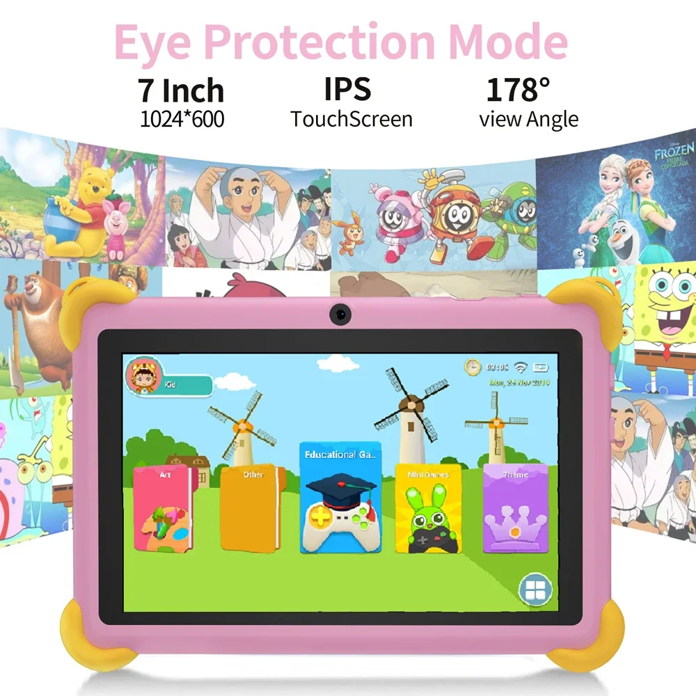 2025 Nuovo tablet per bambini Schermo HD da 7 pollici preinstallato con custodia in silicone microUSB Carica CC Doppia fotocamera regalo per i bambini