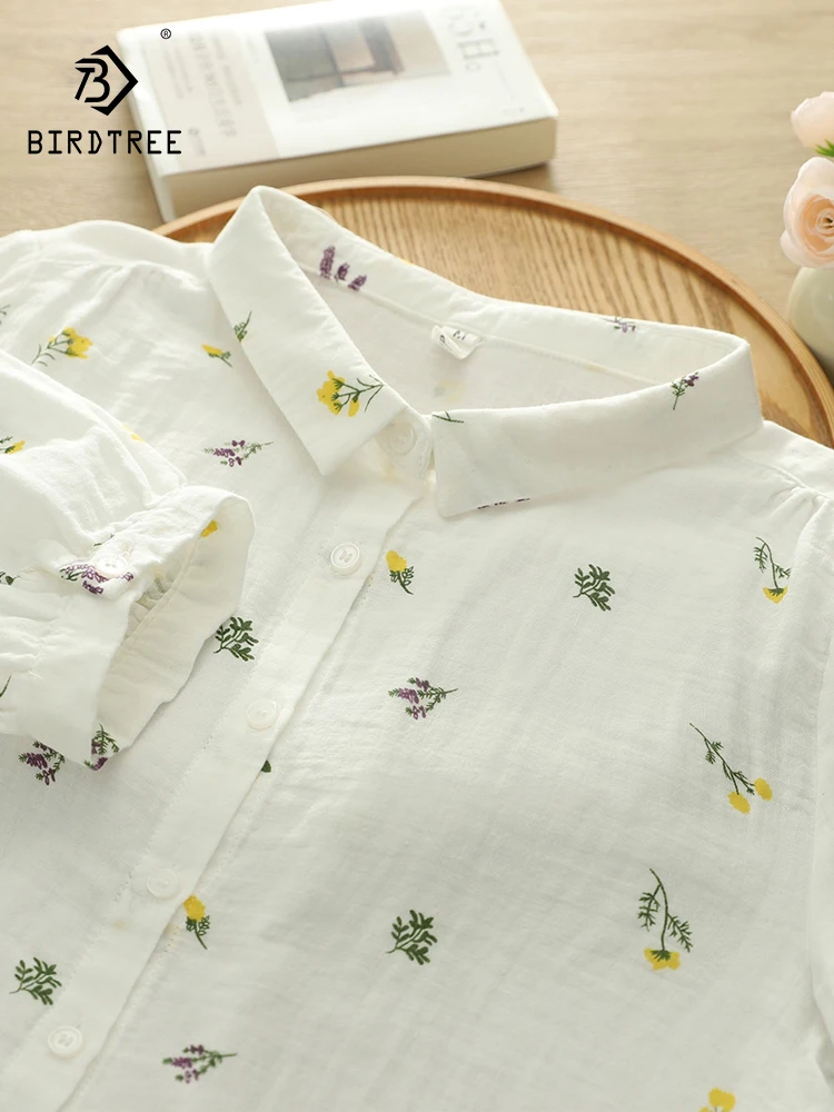 

New 2026 Summer Women Cotton Yarn Half Sleeve Shirt, Turn-down Collar Print, Mori Girl Fashion Casual Thin Loose Blouse T64824CC