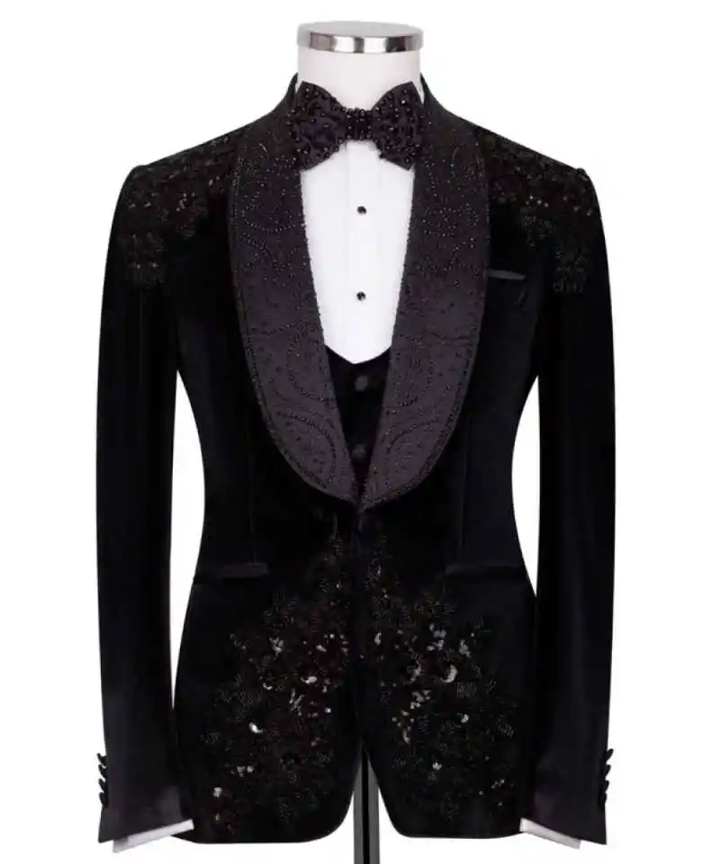 Abito da uomo di lusso 3 pezzi in rilievo di cristallo monopetto smoking da sposo da sposa formale blazer da uomo business personalizzato