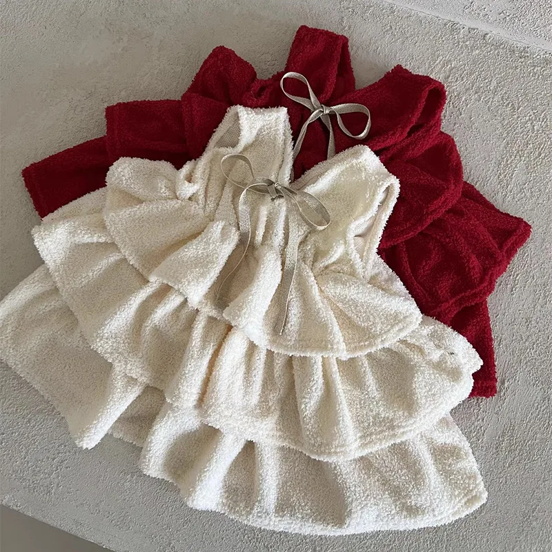 2025 ฤดูหนาวสาวใหม่ชุดเจ้าหญิงแขนกุดเด็กขนแกะชุดเด็กผู้หญิงน่ารัก Christmas Party ชุดเด็กเสื้อผ้าที่อบอุ่น