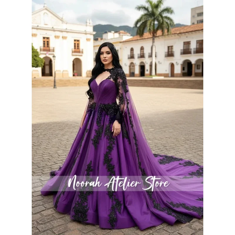 

Black Purple Gothic Wedding Dresses with Cape Long Sleeve Lace Applique Corset Lace-up Country Bridal Gown Outfit Customsized