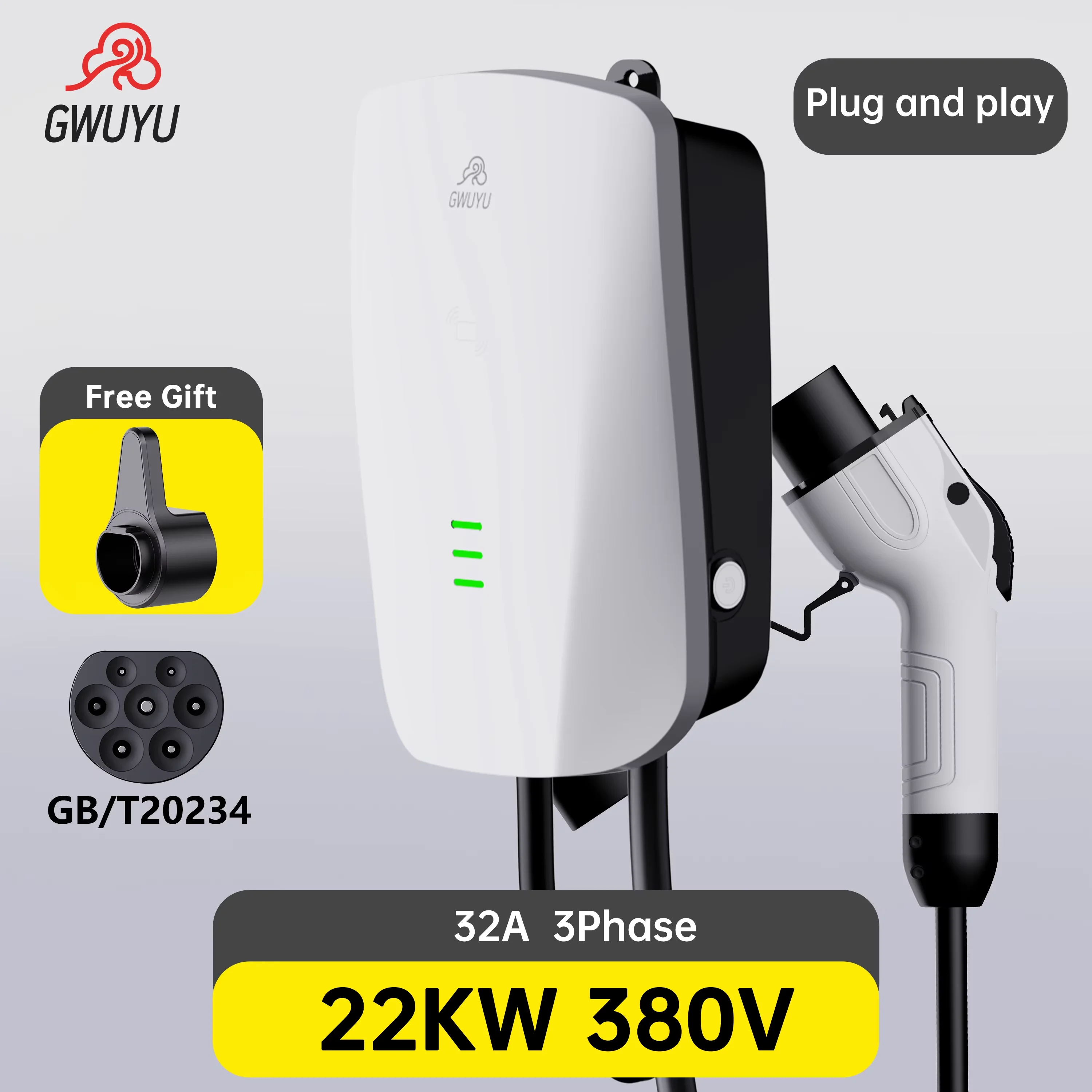 Wallbox EV Charger 32A 7KW 220V 1Phase 16A 11KW 22KW 380V 3Phase GB/T20234 Plug for Electric Car Charging Station Plug and Play