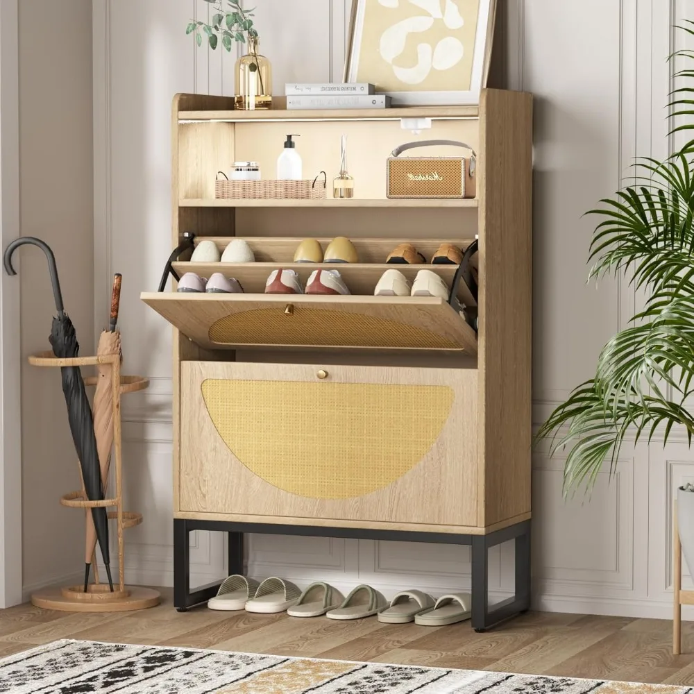 Rattan Shoe Cabinet, Shoe Storage Cabinet with 2 Flip Drawers, Entryway Slim Shoe Cabinet with Sensor Light and