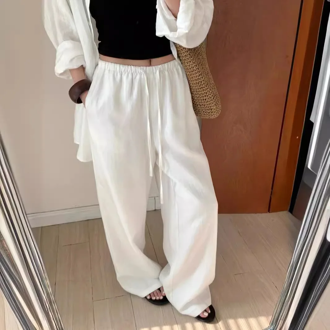 

Slack Linen Wide-leg Pants Summer Loose Versatile Drawstring Straight White Casual Trousers Korean Fashion Daily Travel Office