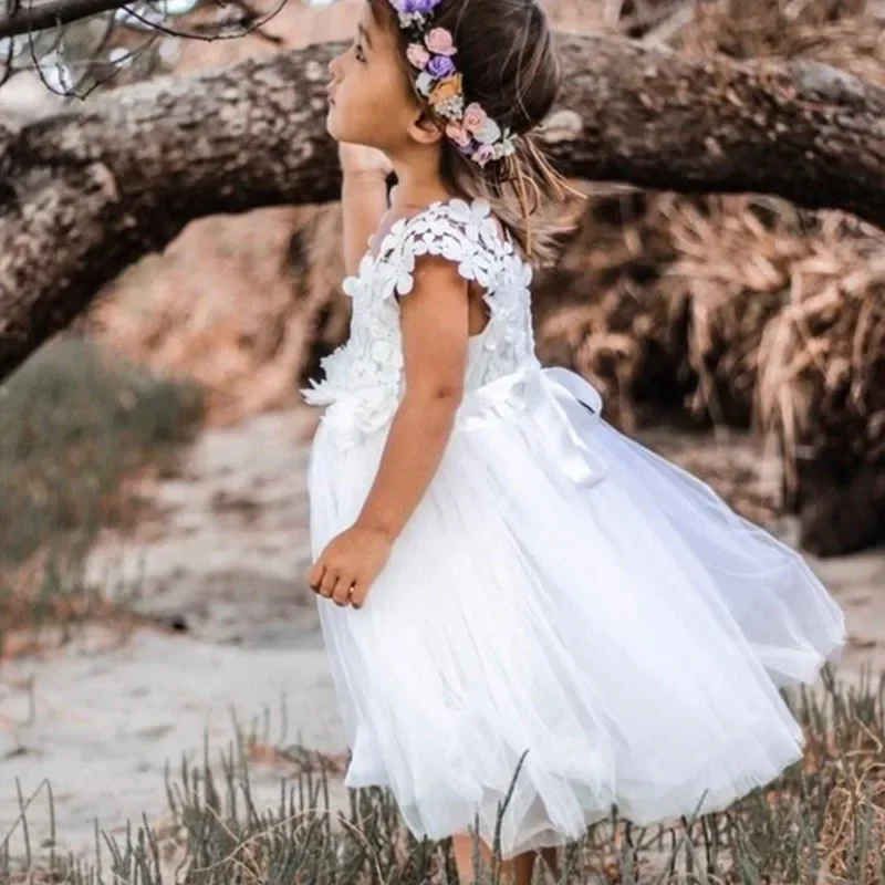 

Puffy Tulle Flower Girl Dress Lace Handmade Birthday Party Dress Simple A-line Bow Fantastic Children's Gift Communion Gowns