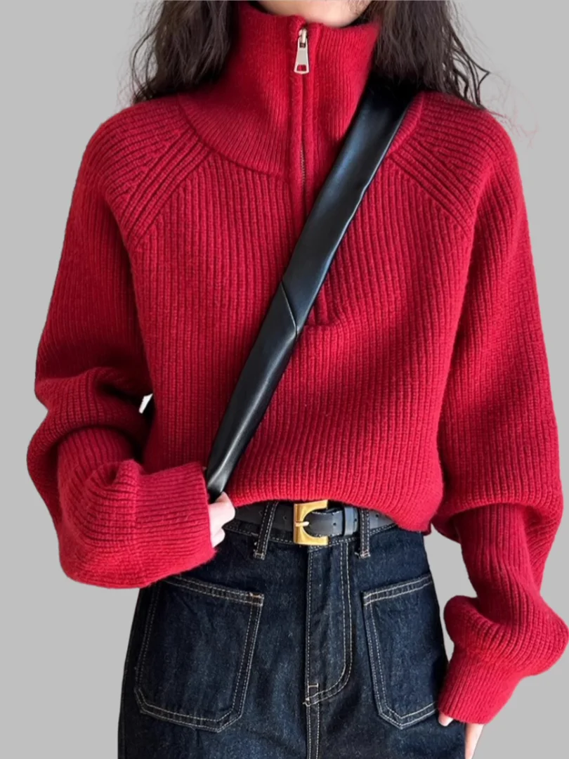 

Красный вязаный свитер женский ort Thiened Overhead f с высоким воротником свободного покроя однотонный осенне-зимний новый Sle Commute