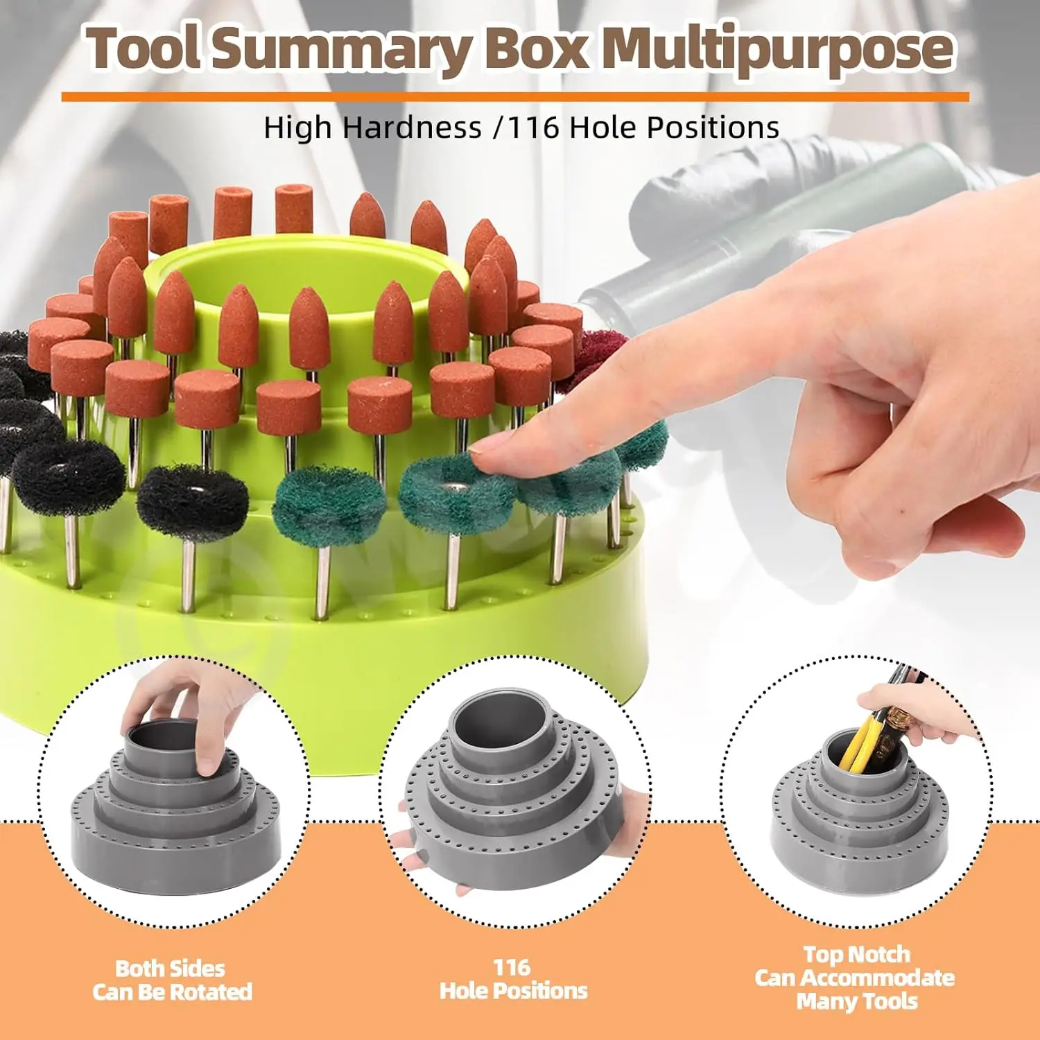 

360 Degree Rotating 116 Holes Tool Organizer for Mini Drill Bits Polishing Wheels Assorted Storage Box Easy Access Efficiency