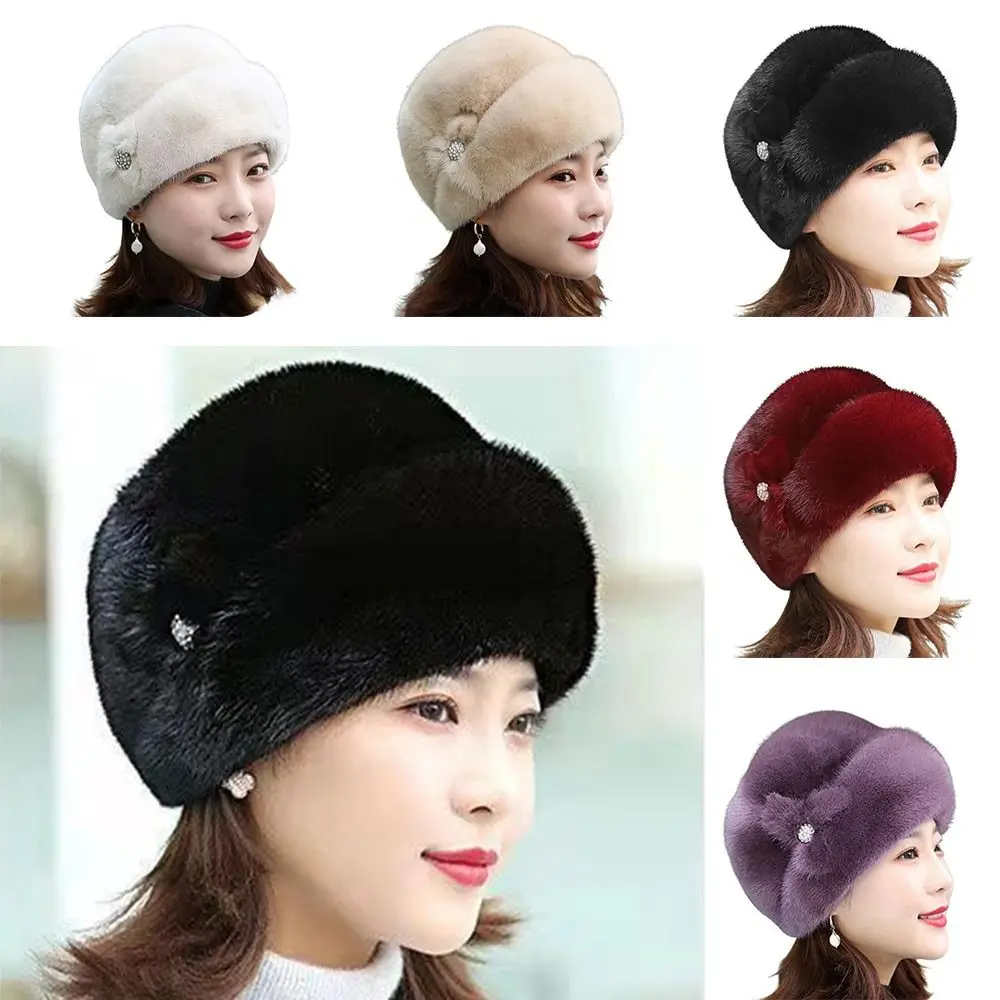 Solid Color Faux Rabbit Fur Winter Hat Thickened Keep Warm Bucket Hats Flower Decor Windproof Caps Autumn Winter