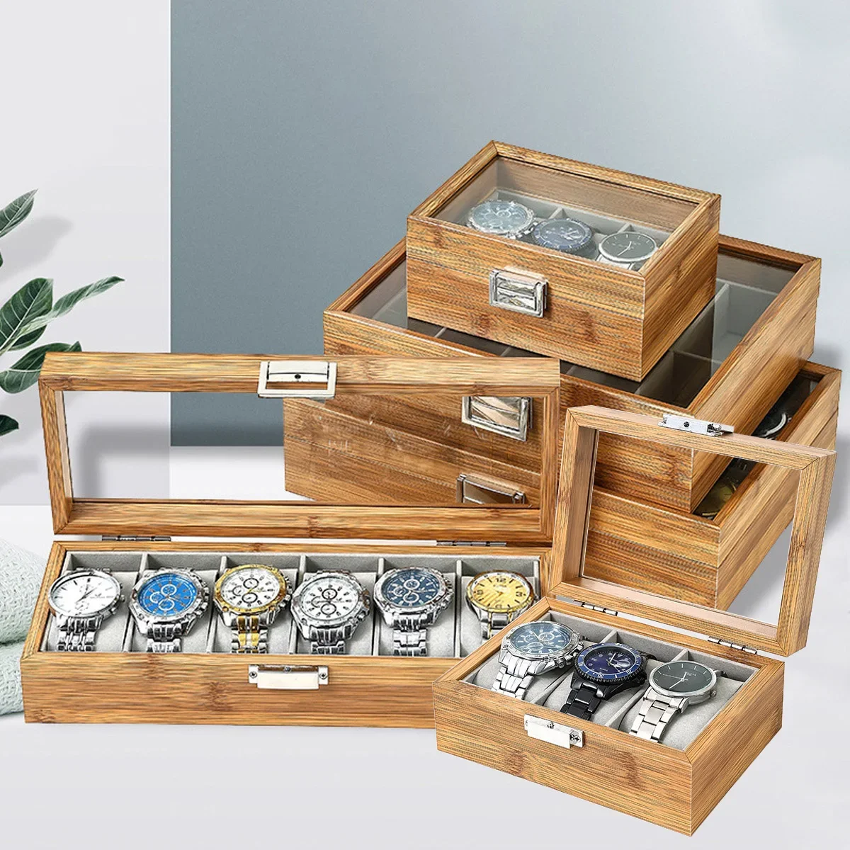 3/6/10/12 Slots Environmental Protection Bamboo Watch Box Chinese Style Watch Storage Case with Glass Top Watch Display Box