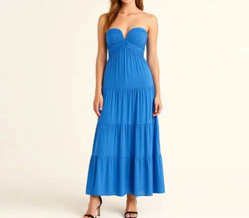 

Summer 2025 New Women's Strapless Patchwork Style Slimming Blue Long Skirt