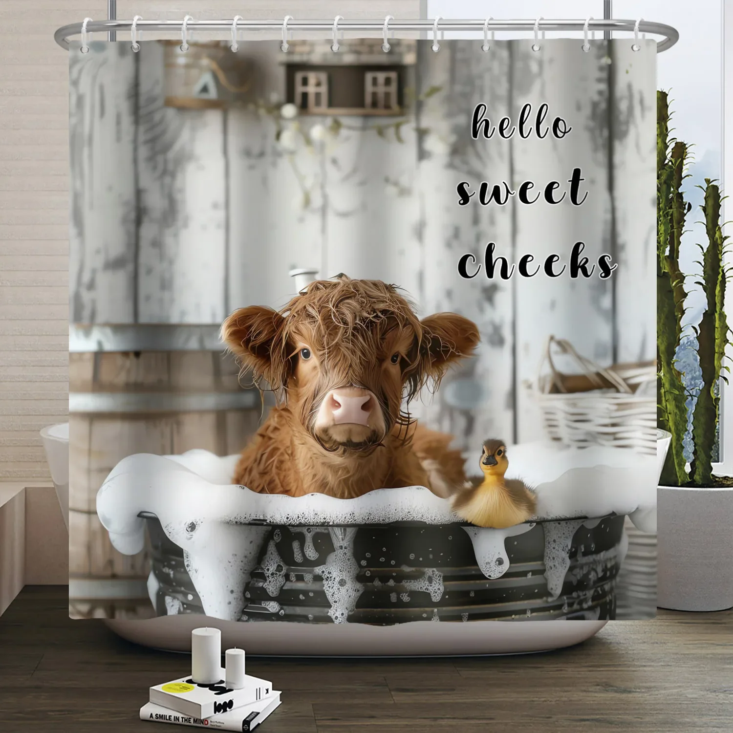 

Highland Bull Hello Sweet Cheeks Shower Curtain, Rural Farm, Vintage Wood, Cow Bath Partition Wall, Waterproof, Front Curtain