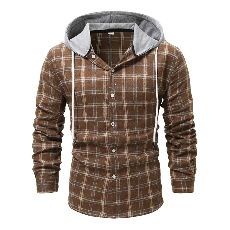 Men's Clothing Foreign Trade 2024 Season Plaid Pattern Shirts in Large Men's Hooded Long Sleeved Shirt Trend