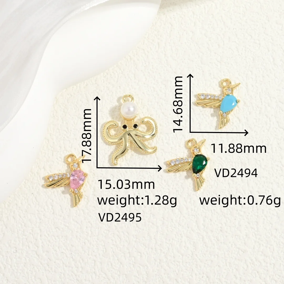 Animal Charm Octopus with Pearl & Hummingbird with Teardrop CZ Pendant, Mixed Sea & Bird Charms for DIY :VD2493 VD2494