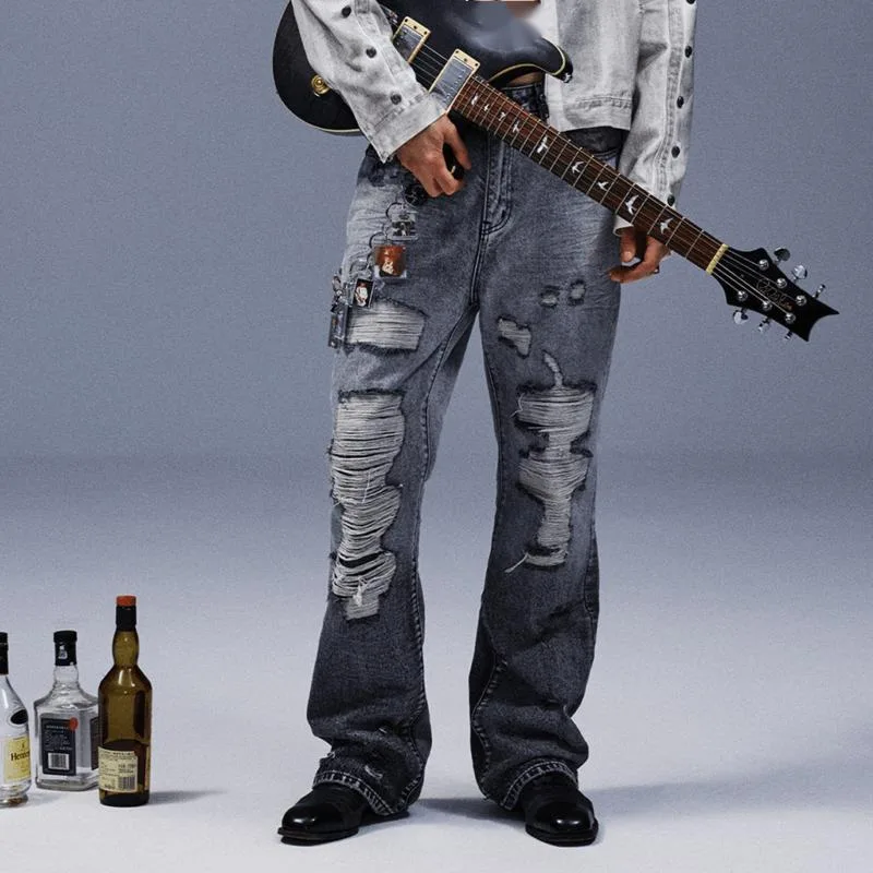 HKSH 2025 Spring New Men Tide Punk Denim Pants White Grey Gypsum Washed Holes High Street Chic Elegant Handsome Ins Jeans HK4560