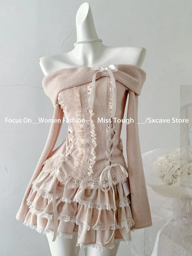 Japanese Kawaii Pink 2 Piece Sets Women Off Shoulder Sweater + Cake Skirt Spring Autumn Y2k Style Aesthetic Fairy Vintage Suit