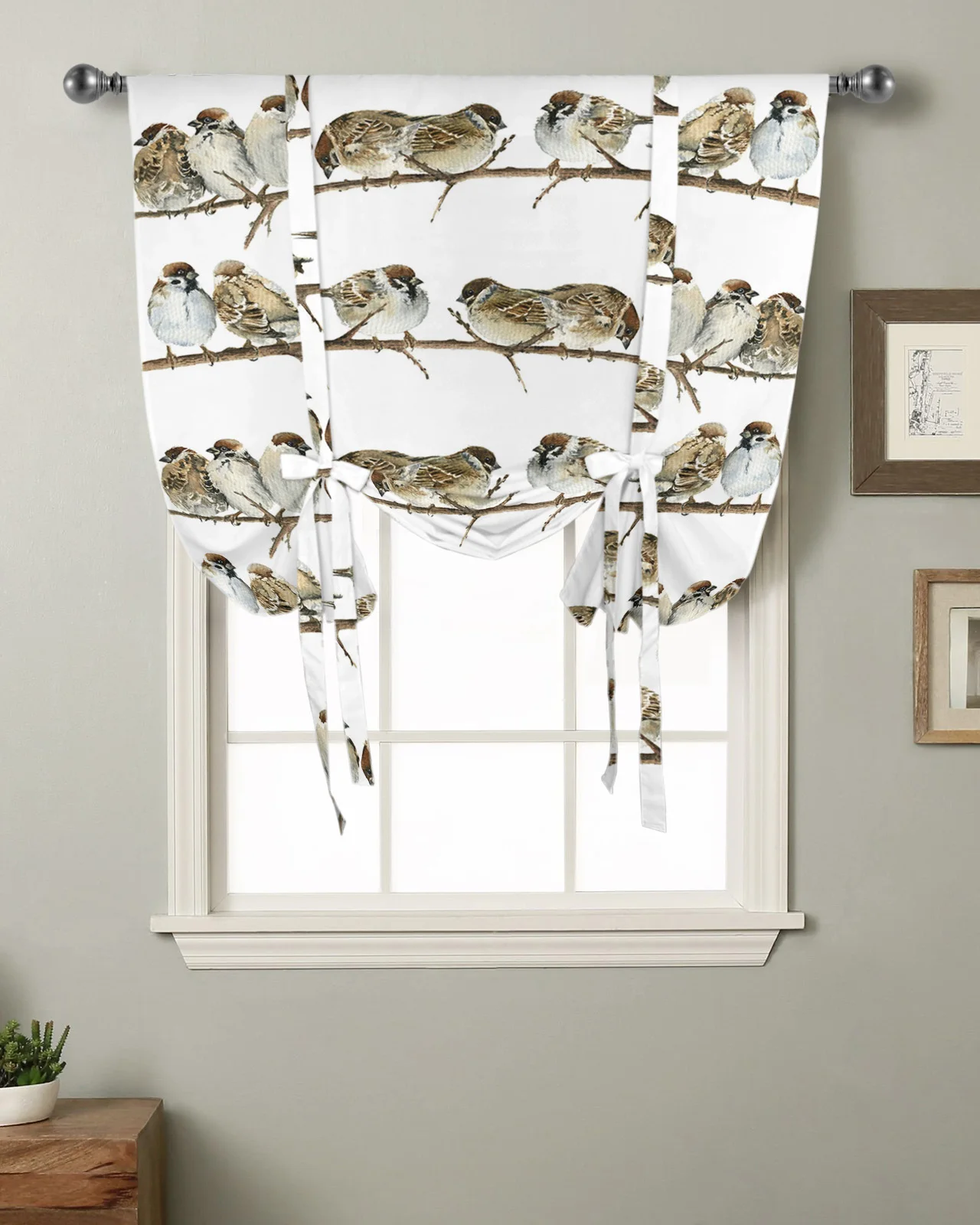 Autumn Branch Sparrow Watercolor Kitchen Short Window Curtain Rod Pocket Curtains Home Decor Small Window Roman Tie Up Curtains