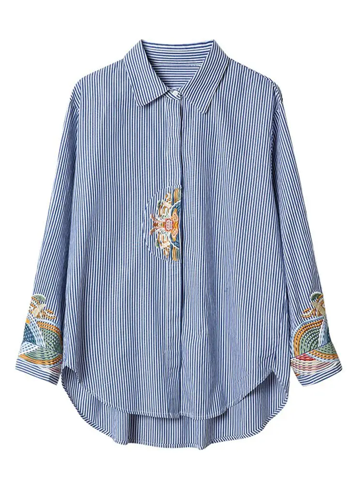National Style Embroidered Striped Long-sleeved Shirt 2025 Spring and Autumn All-match Professional Shirts Versatile for Women