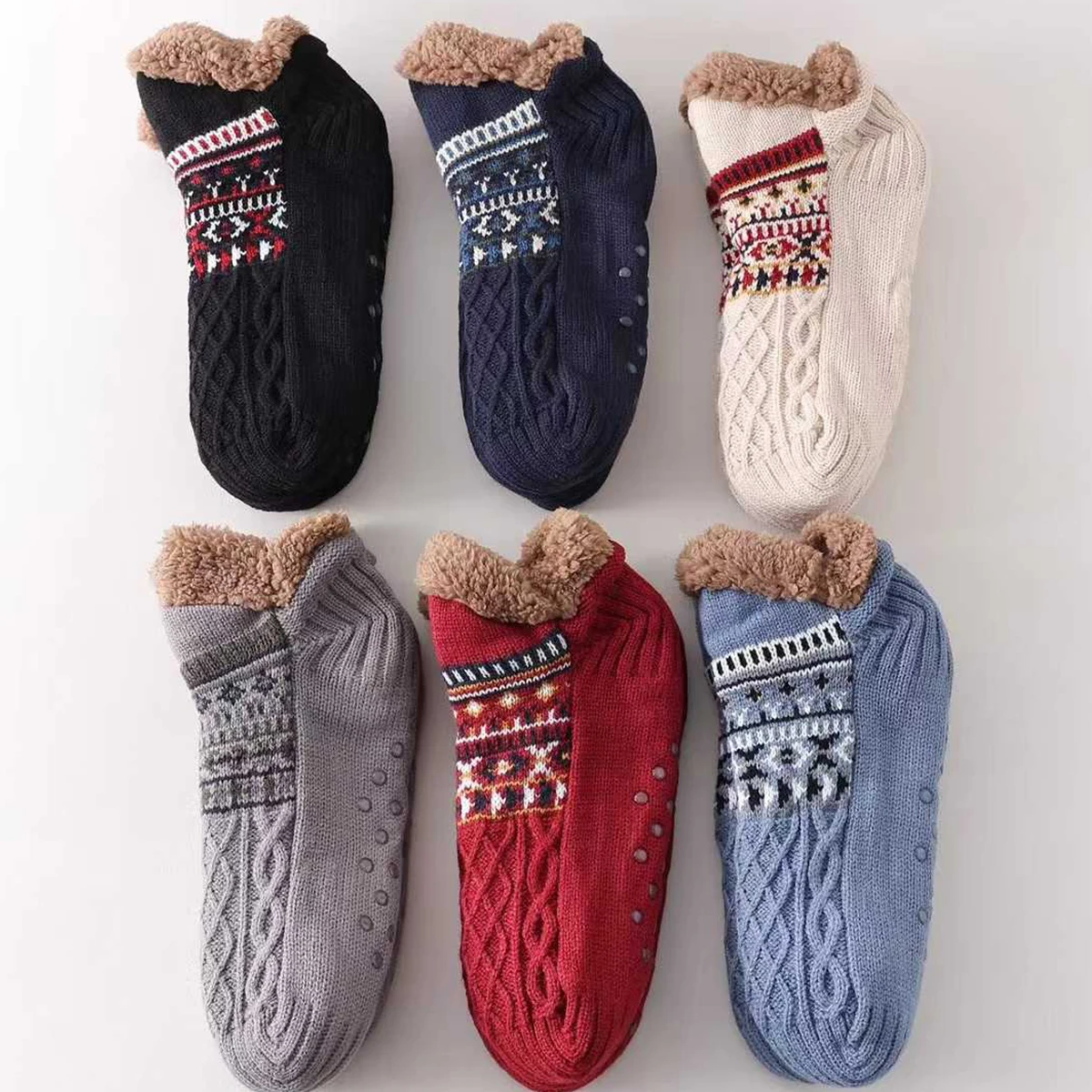 

CHAOZHU Slicone Dots Anti Slip Thicken Faux Lamb Fur Warm Floor Socks For Winter Snow Day Women Fair Isle Pattern Socks Home