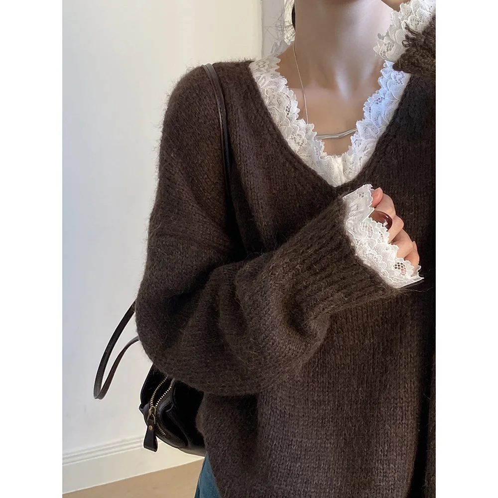 Automne hiver pull femmes col en V ample haut en tricot doux collant doux épissage dentelle paresseux Style décontracté hauts
