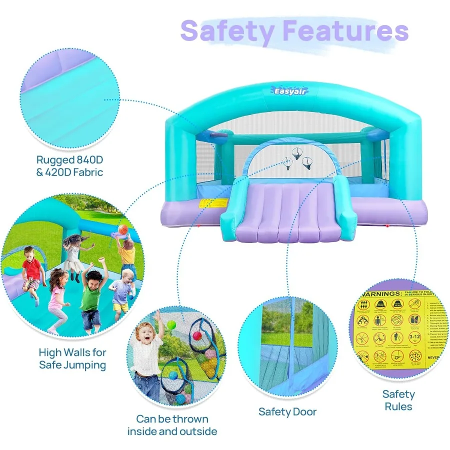 Großes Hüpfhaus für große 14,8 x 14,5 Fuß große aufblasbare Hüpfburg-Jumper-Rutsche mit 650 W Gebläse, Basketballkorb, Wurfball, Spielball